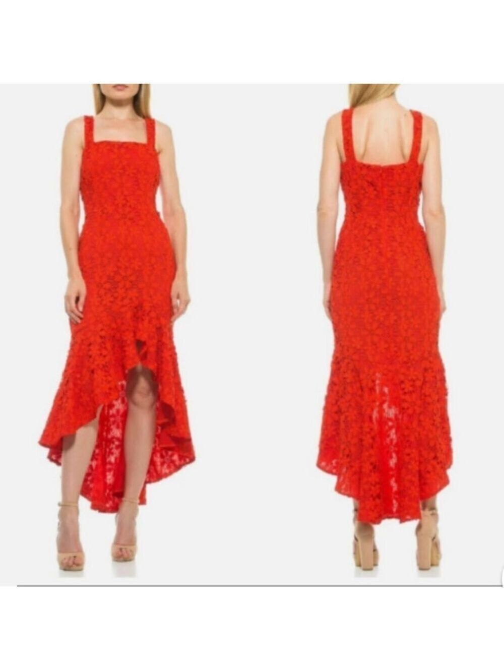 NWT NEW Alexia Admor Sylvana Lace Dress Orange-Red Sleeveless Ruffle Front Women